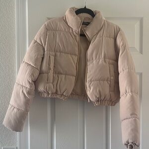 PrettyLittleThing Beige Cropped Puffer Jacket